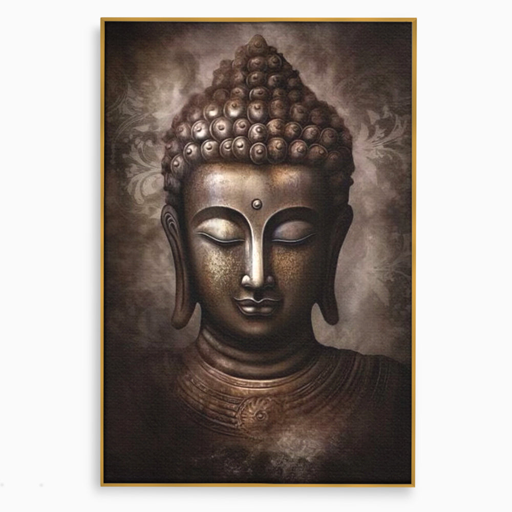 Tablou canvas cu tablou canvas cu portret buddha, in rama de aluminiu auriu